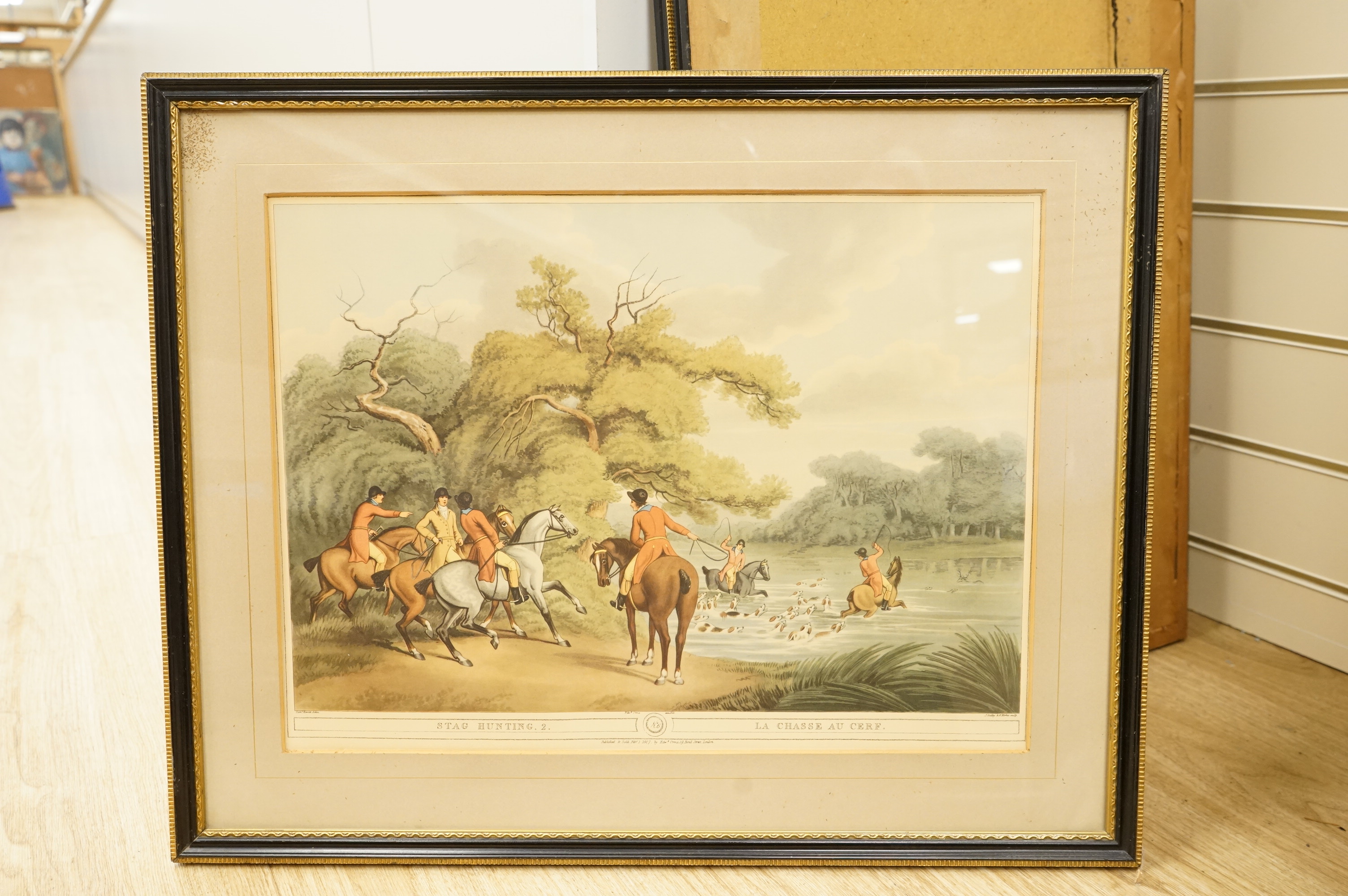 After Samuel Howitt (1756-1822), Fox hunting scenes, set of four colour prints, together with a set of five smaller examples after the same artist, largest 32 x 44cm